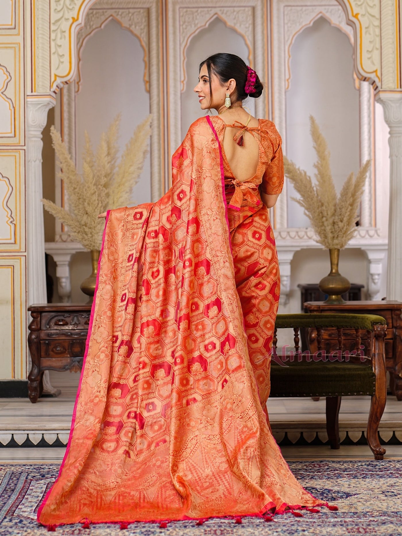 Red Color Pure Organza Saree Adorned with Zari Weaving, Complete with Matching Blouse Piece - Almaari Fashion