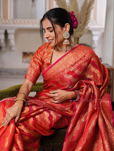 Red Color Pure Organza Saree Adorned with Zari Weaving, Complete with Matching Blouse Piece - Almaari Fashion