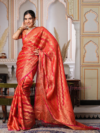 Red Color Pure Organza Saree Adorned with Zari Weaving, Complete with Matching Blouse Piece - Almaari Fashion