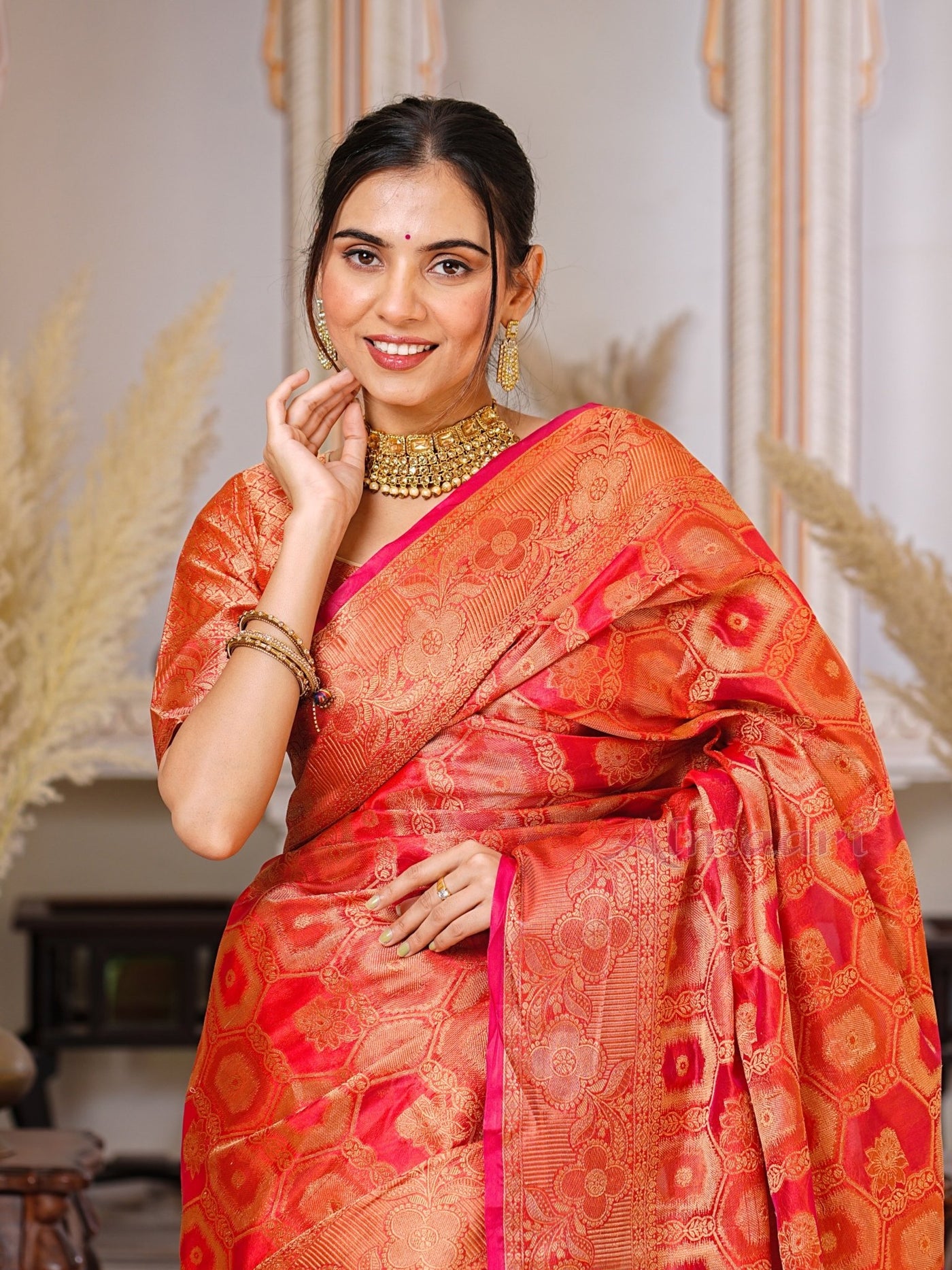 Red Color Pure Organza Saree Adorned with Zari Weaving, Complete with Matching Blouse Piece - Almaari Fashion