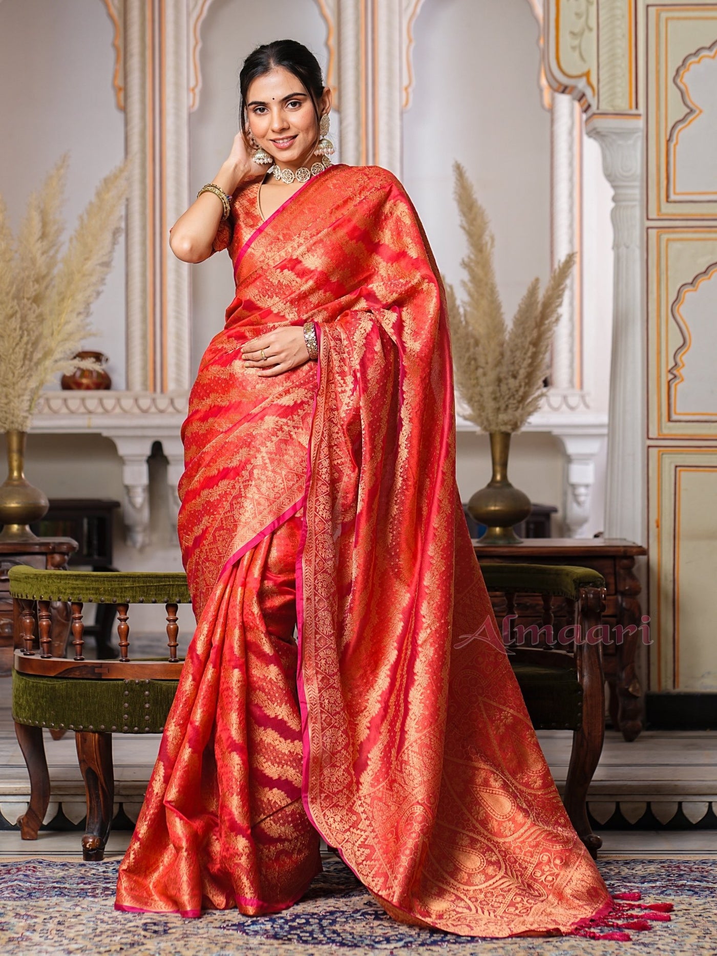 Red Color Pure Organza Saree Adorned with Zari Weaving, Complete with Matching Blouse Piece - Almaari Fashion