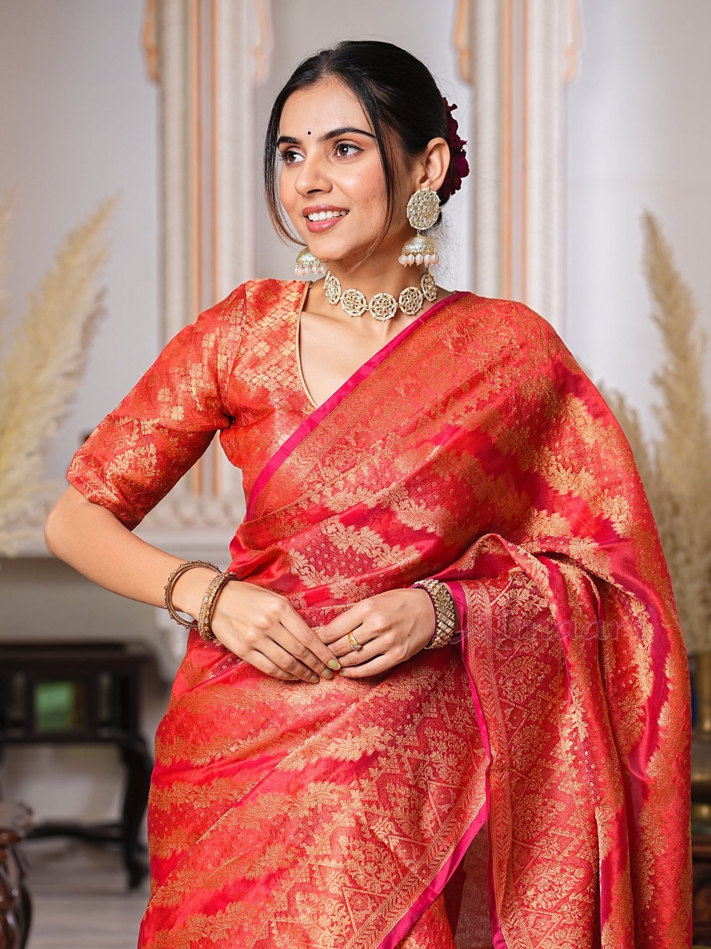 Red Color Pure Organza Saree Adorned with Zari Weaving, Complete with Matching Blouse Piece - Almaari Fashion