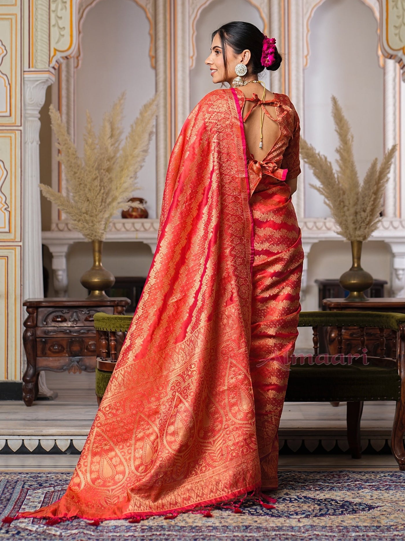 Red Color Pure Organza Saree Adorned with Zari Weaving, Complete with Matching Blouse Piece - Almaari Fashion