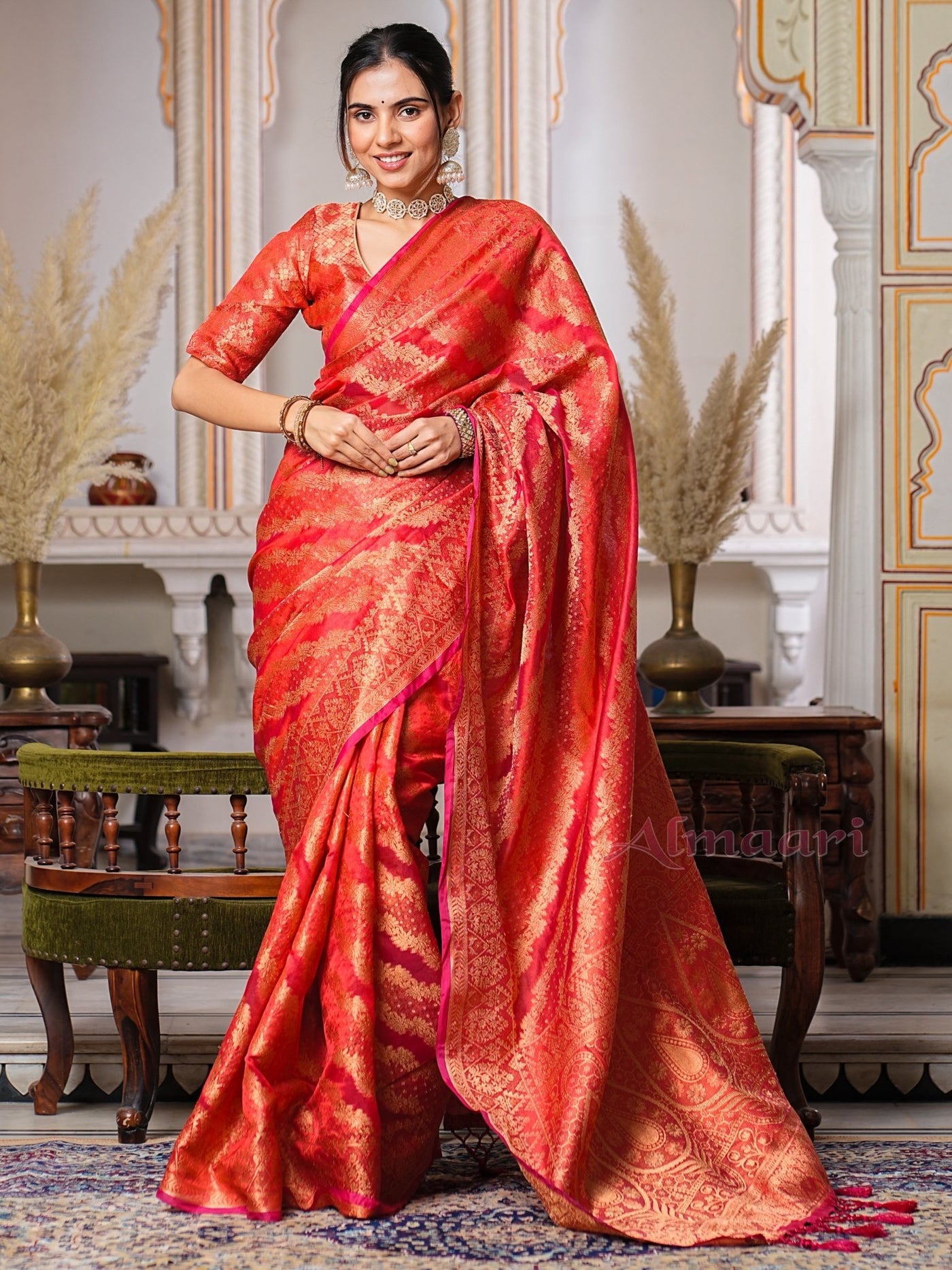 Red Color Pure Organza Saree Adorned with Zari Weaving, Complete with Matching Blouse Piece - Almaari Fashion