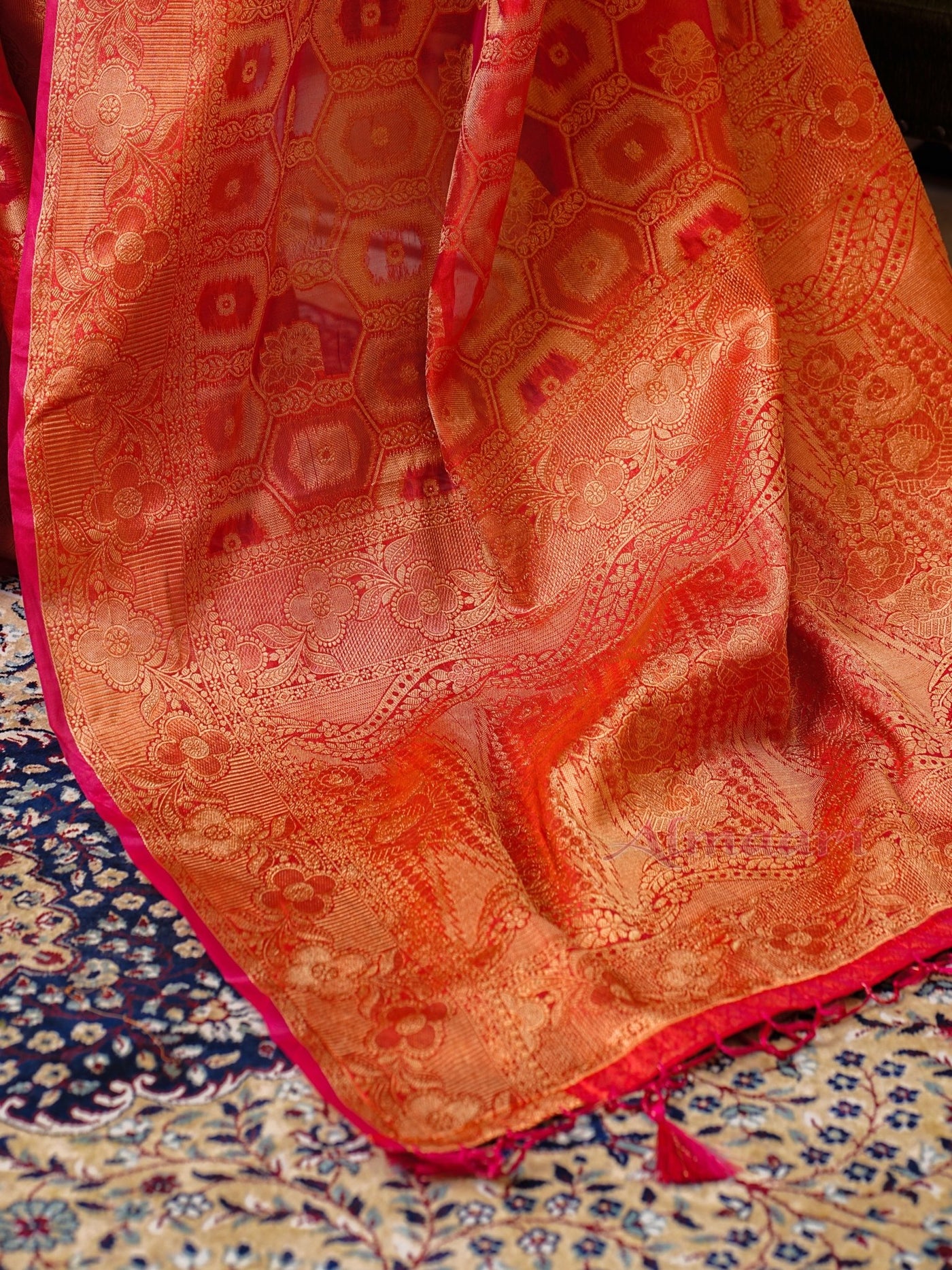 Red Color Pure Organza Saree Adorned with Zari Weaving, Complete with Matching Blouse Piece - Almaari Fashion