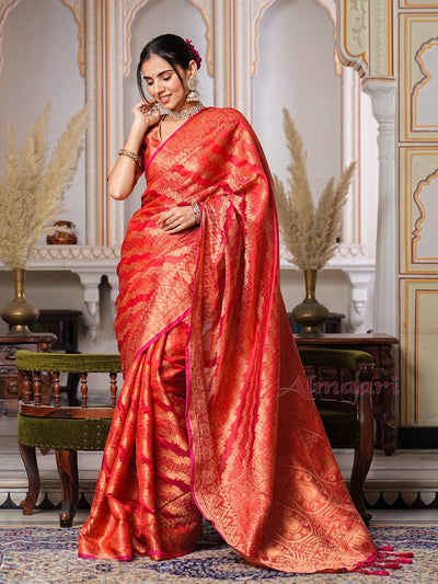 Red Color Pure Organza Saree Adorned with Zari Weaving, Complete with Matching Blouse Piece - Almaari Fashion