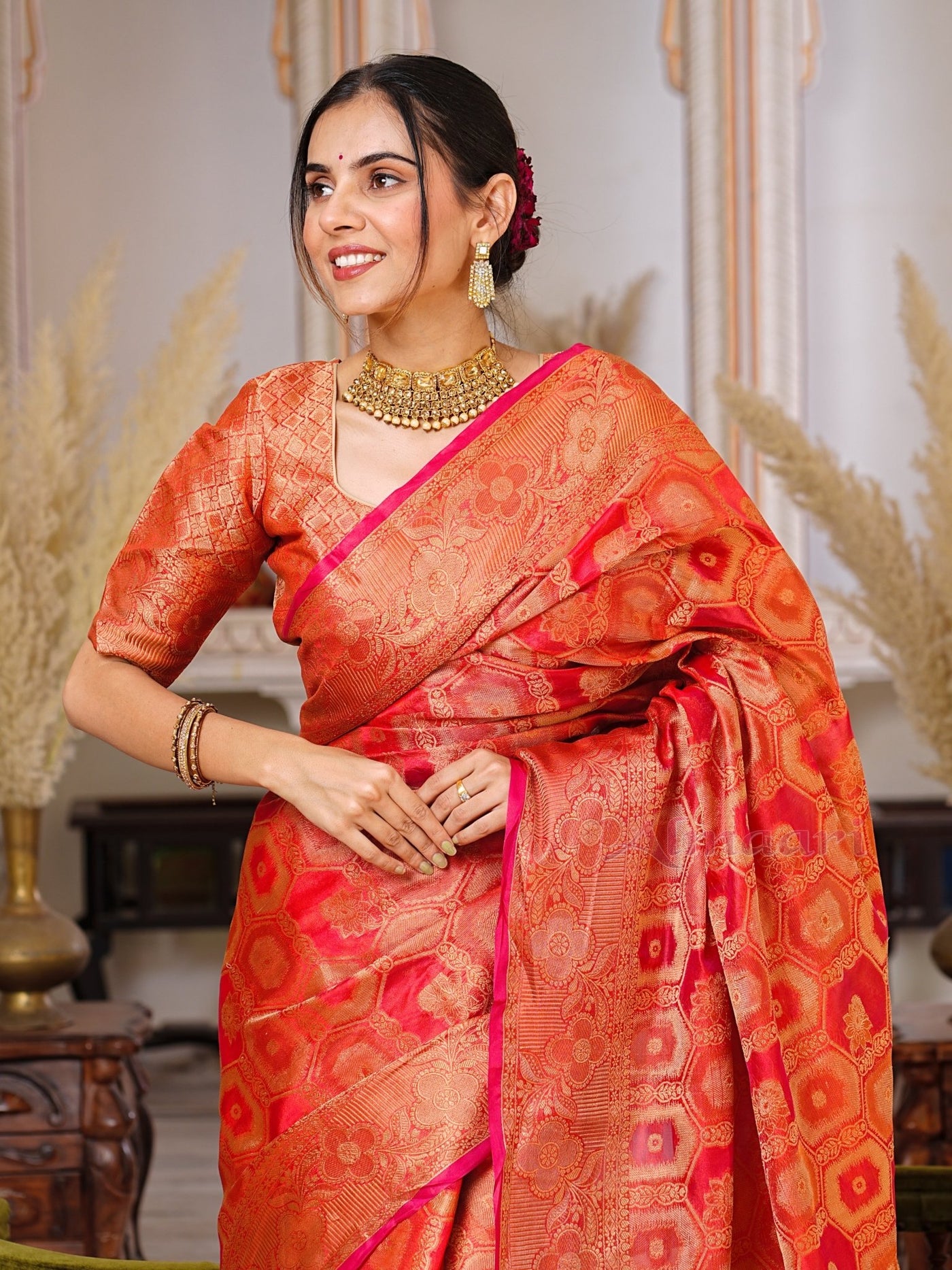 Red Color Pure Organza Saree Adorned with Zari Weaving, Complete with Matching Blouse Piece - Almaari Fashion