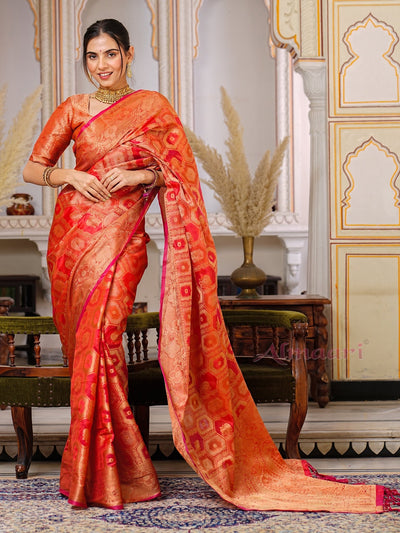 Red Color Pure Organza Saree Adorned with Zari Weaving, Complete with Matching Blouse Piece - Almaari Fashion