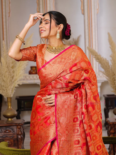 Red Color Pure Organza Saree Adorned with Zari Weaving, Complete with Matching Blouse Piece - Almaari Fashion