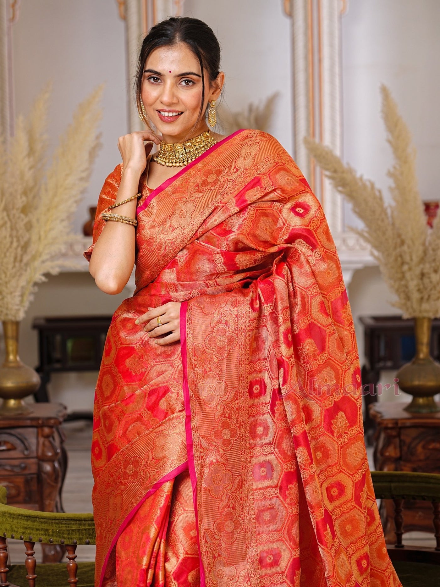 Red Color Pure Organza Saree Adorned with Zari Weaving, Complete with Matching Blouse Piece - Almaari Fashion