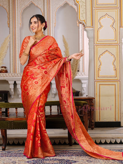 Red Color Pure Organza Saree Adorned with Zari Weaving, Complete with Matching Blouse Piece - Almaari Fashion