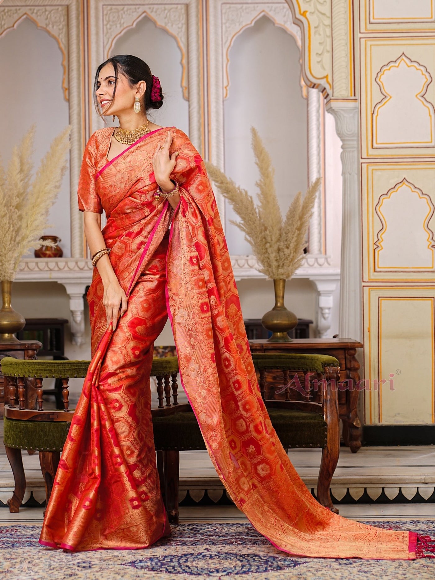 Red Color Pure Organza Saree Adorned with Zari Weaving, Complete with Matching Blouse Piece - Almaari Fashion