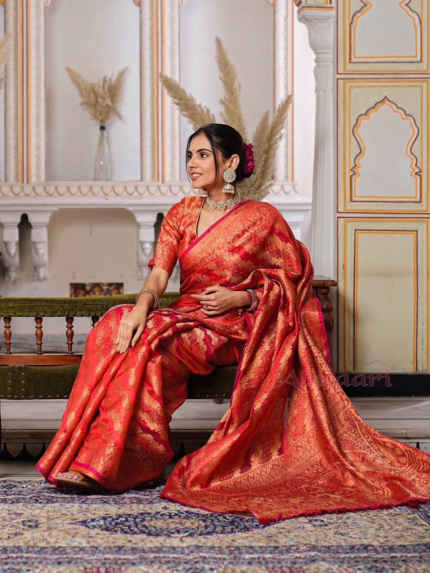 Red Color Pure Organza Saree Adorned with Zari Weaving, Complete with Matching Blouse Piece - Almaari Fashion