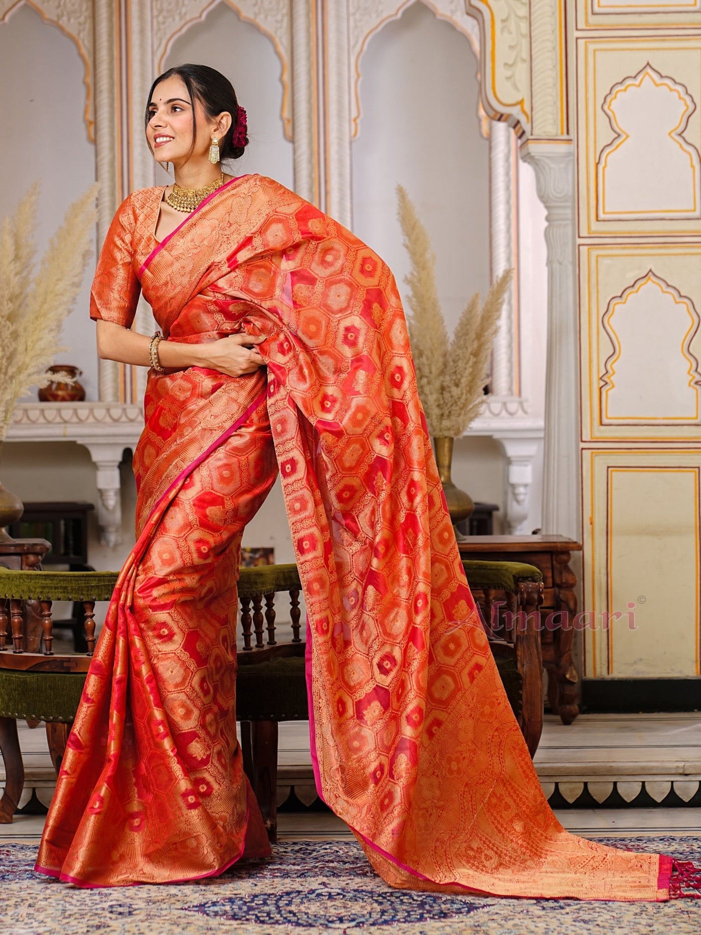 Red Color Pure Organza Saree Adorned with Zari Weaving, Complete with Matching Blouse Piece - Almaari Fashion