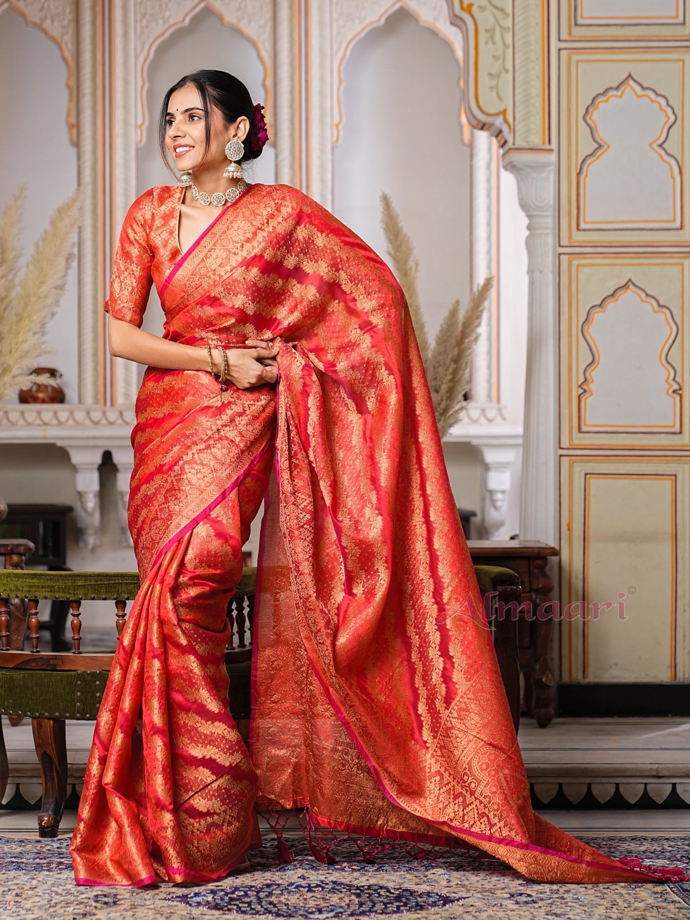 Red Color Pure Organza Saree Adorned with Zari Weaving, Complete with Matching Blouse Piece - Almaari Fashion