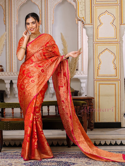 Red Color Pure Organza Saree Adorned with Zari Weaving, Complete with Matching Blouse Piece - Almaari Fashion