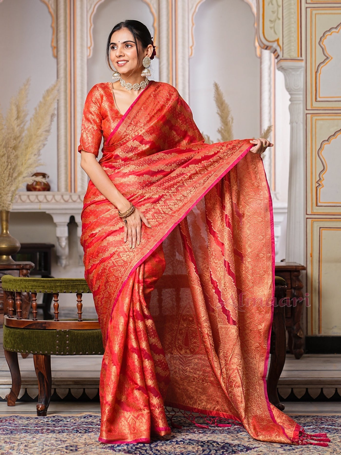 Red Color Pure Organza Saree Adorned with Zari Weaving, Complete with Matching Blouse Piece - Almaari Fashion