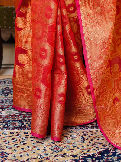 Red Color Pure Organza Saree Adorned with Zari Weaving, Complete with Matching Blouse Piece - Almaari Fashion