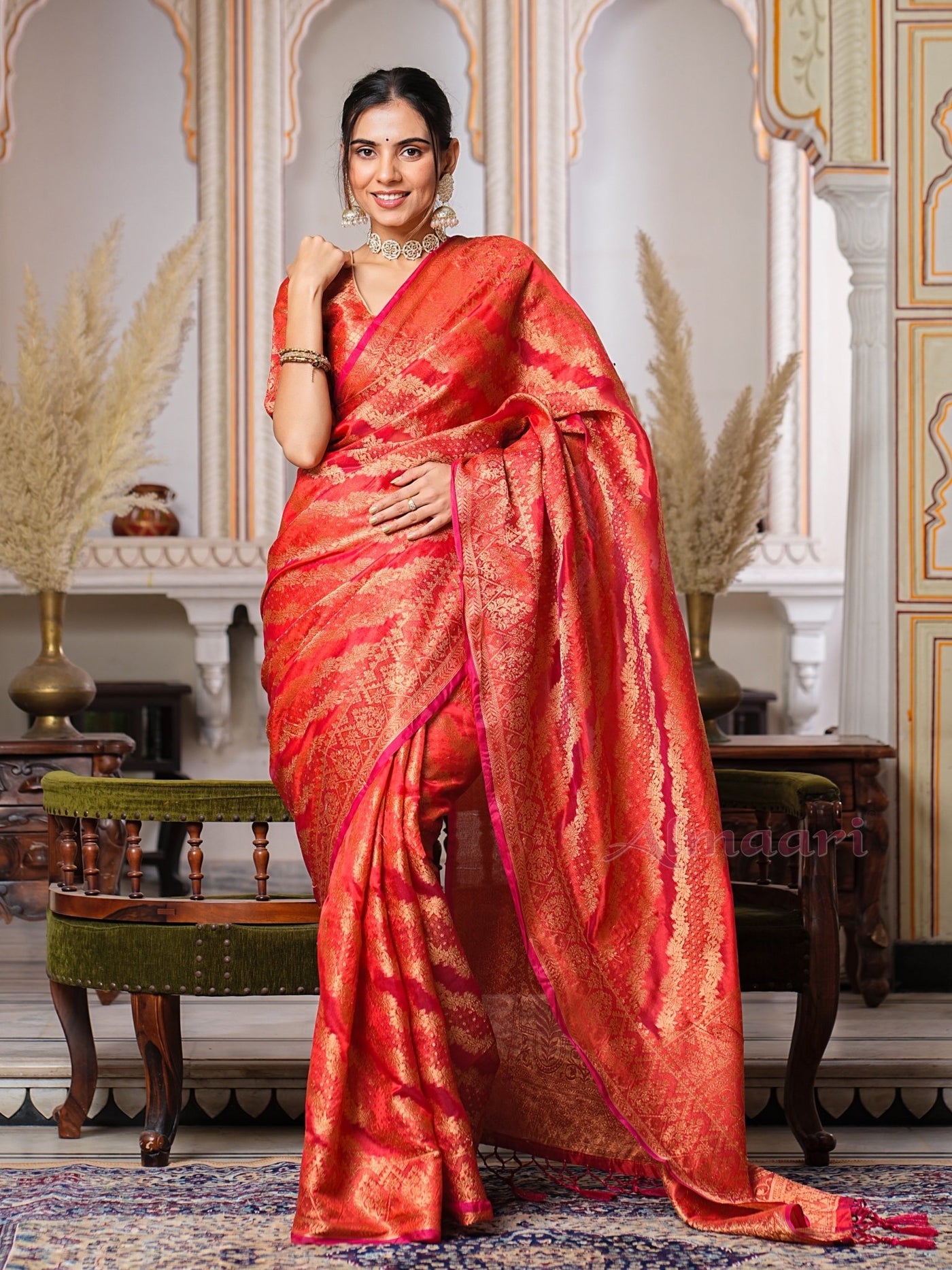 Red Color Pure Organza Saree Adorned with Zari Weaving, Complete with Matching Blouse Piece - Almaari Fashion