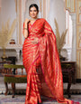 Red Color Pure Organza Saree Adorned with Zari Weaving, Complete with Matching Blouse Piece