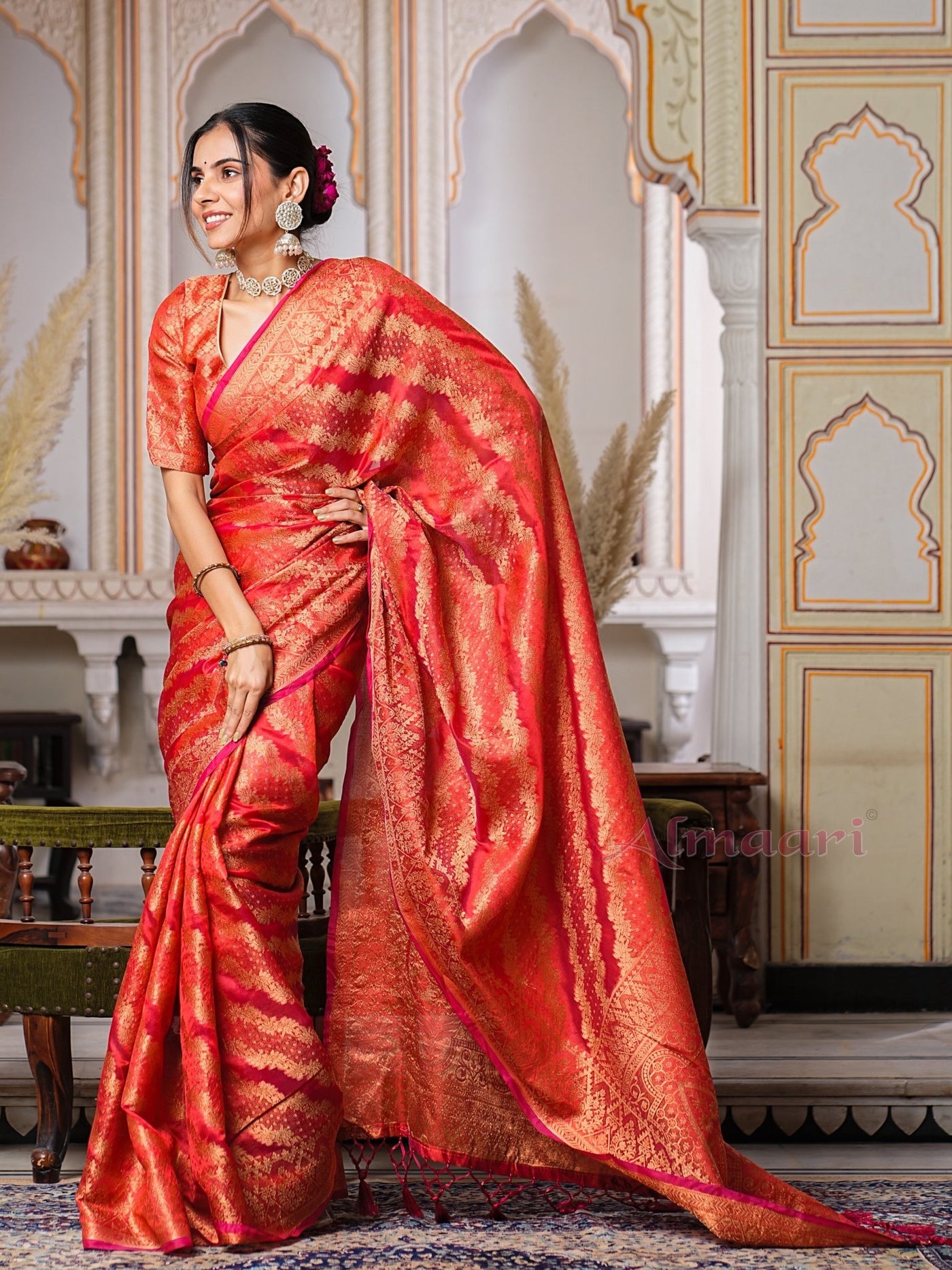 Red Color Pure Organza Saree Adorned with Zari Weaving, Complete with Matching Blouse Piece - Almaari Fashion