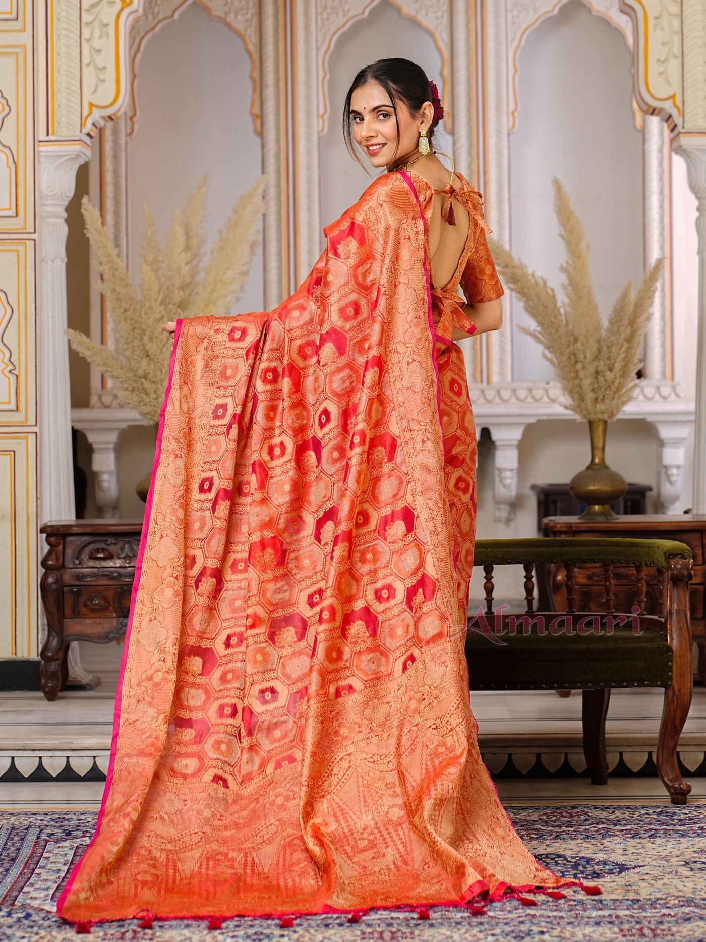 Red Color Pure Organza Saree Adorned with Zari Weaving, Complete with Matching Blouse Piece - Almaari Fashion