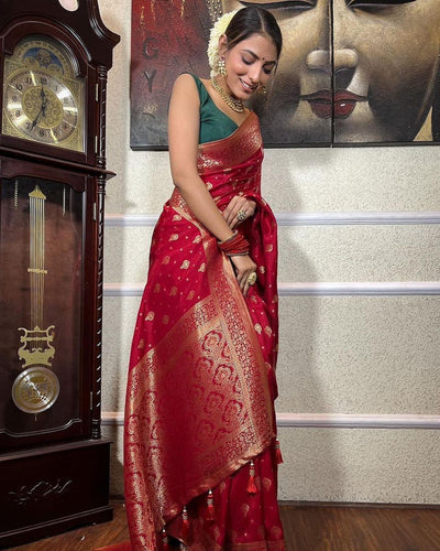 Red Pure Banarasi Silk Saree Stylish Blouse Piece - Almaari Fashion