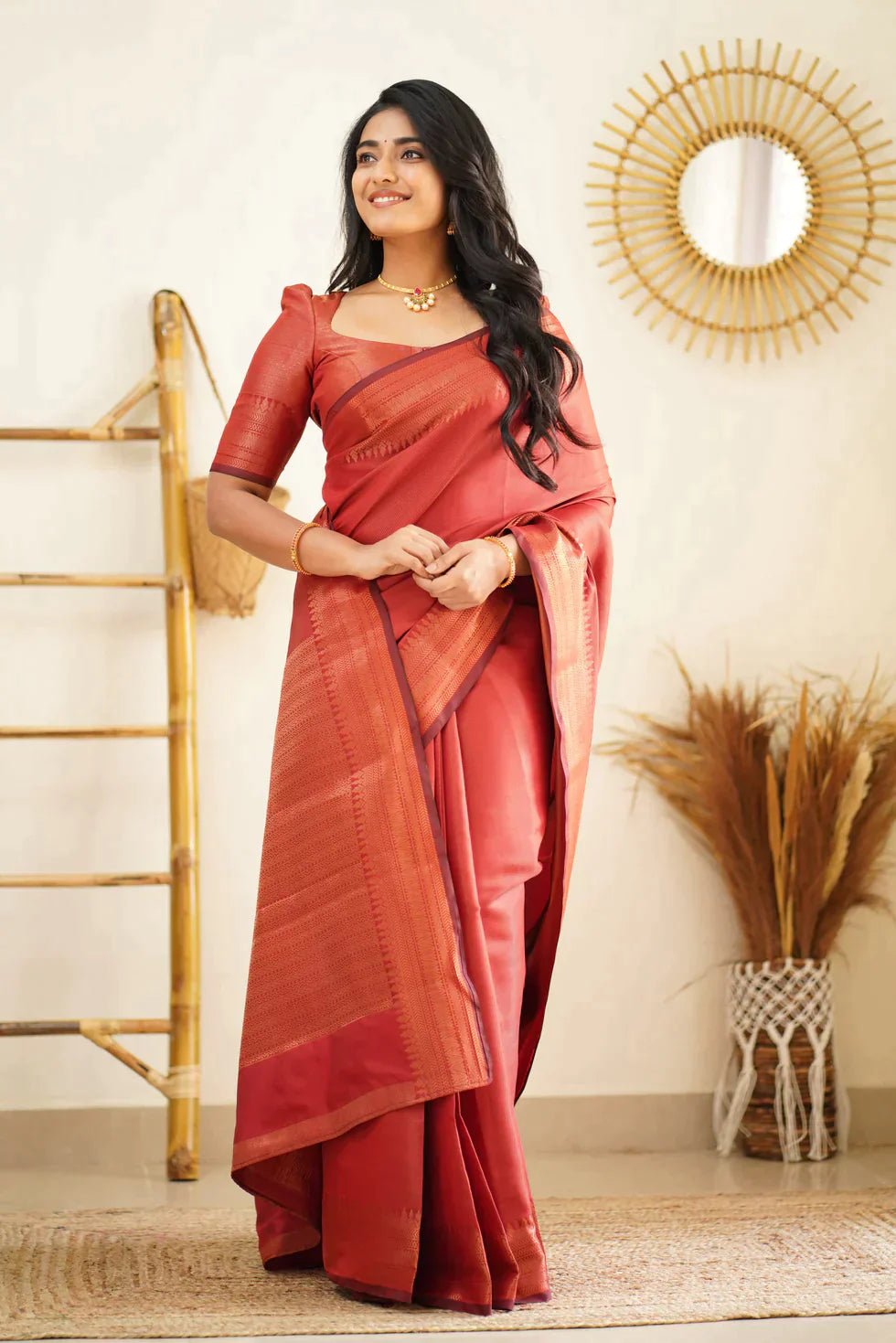 Red Pure Kanjivaram Silk Saree With Lovely Blouse Piece - Almaari Fashion