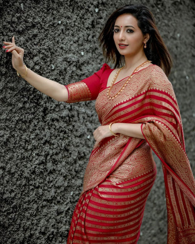 Red Pure Kanjivaram Silk Weaved With Copper Zari Comes With Attached Blouse. - Almaari Fashion