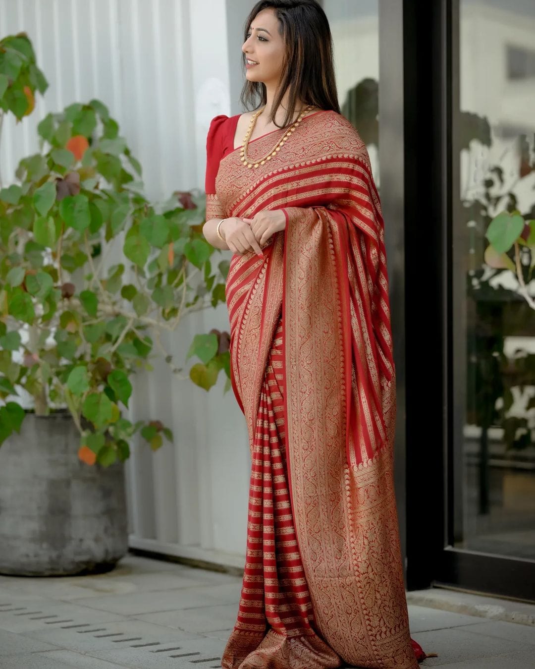 Red Pure Kanjivaram Silk Weaved With Copper Zari Comes With Attached Blouse. - Almaari Fashion