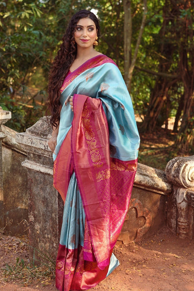 Sky Blue Pure Kanjivaram Silk Saree Stylish Blouse Piece - Almaari Fashion