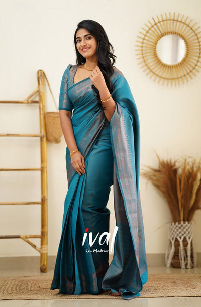 Sky Blue Pure Kanjivaram Silk Saree With Lovely Blouse Piece - Almaari Fashion