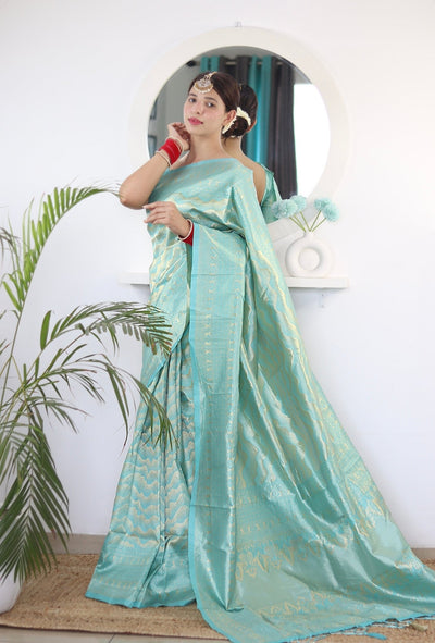 Sky Blue Pure Kanjivaram Silk Saree With Twirling Blouse Piece - Almaari Fashion