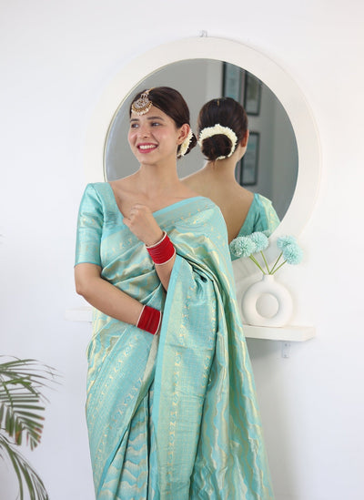 Sky Blue Pure Kanjivaram Silk Saree With Twirling Blouse Piece - Almaari Fashion