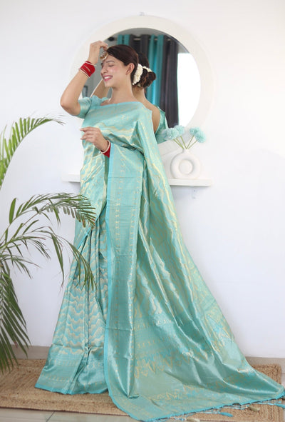 Sky Blue Pure Kanjivaram Silk Saree With Twirling Blouse Piece - Almaari Fashion