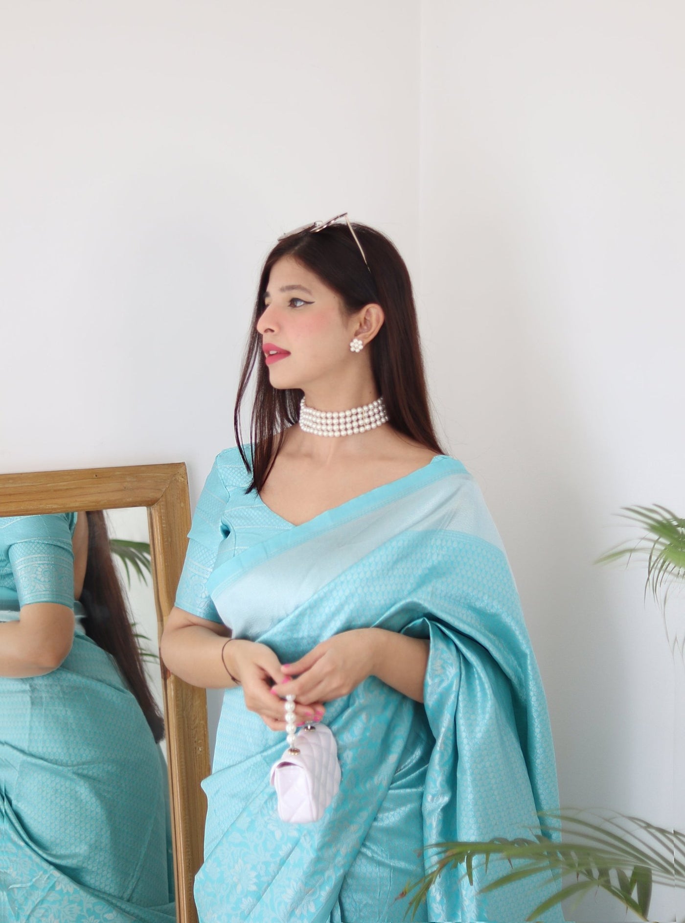 Sky Pure Kanjivaram Silk Saree With Twirling Blouse Piece - Almaari Fashion