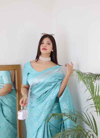 Sky Pure Kanjivaram Silk Saree With Twirling Blouse Piece - Almaari Fashion