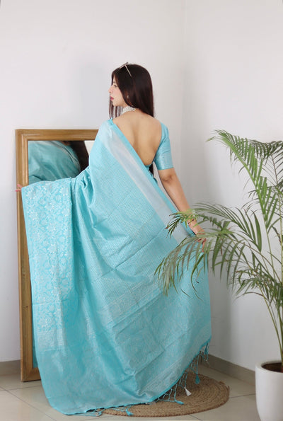 Sky Pure Kanjivaram Silk Saree With Twirling Blouse Piece - Almaari Fashion