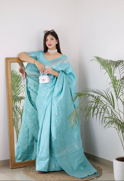 Sky Pure Kanjivaram Silk Saree With Twirling Blouse Piece - Almaari Fashion