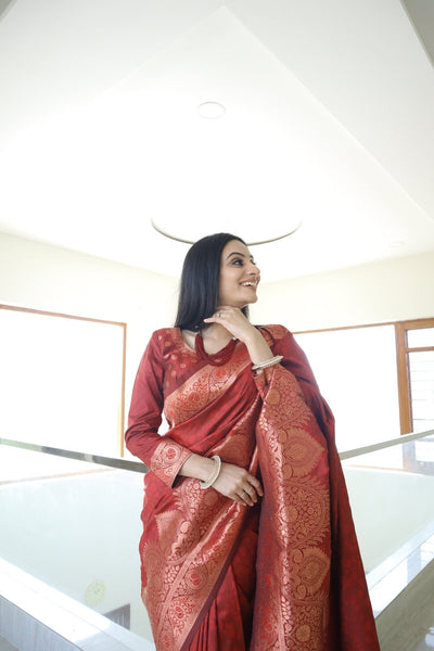 Snappy Maroon Pure Kanjivaram Silk Saree Weaved With Copper Zari Comes With Confounding Blouse Piece - Almaari Fashion