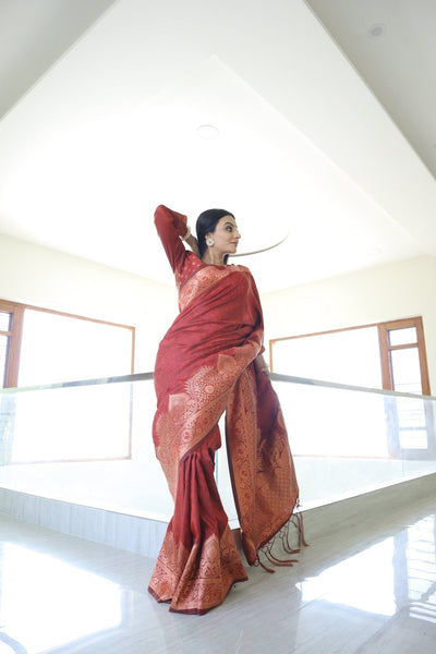 Snappy Maroon Pure Kanjivaram Silk Saree Weaved With Copper Zari Comes With Confounding Blouse Piece - Almaari Fashion