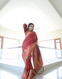 Snappy Maroon Pure Kanjivaram Silk Saree Weaved With Copper Zari Comes With Confounding Blouse Piece