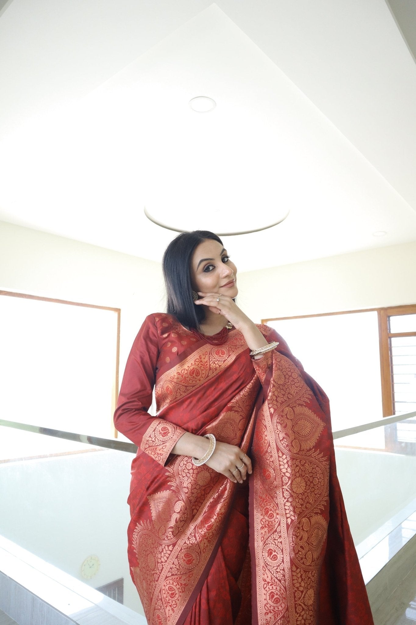 Snappy Maroon Pure Kanjivaram Silk Saree Weaved With Copper Zari Comes With Confounding Blouse Piece - Almaari Fashion