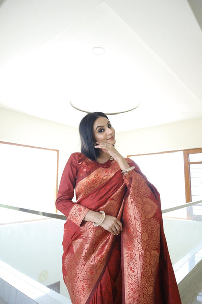 Snappy Maroon Pure Kanjivaram Silk Saree Weaved With Copper Zari Comes With Confounding Blouse Piece - Almaari Fashion