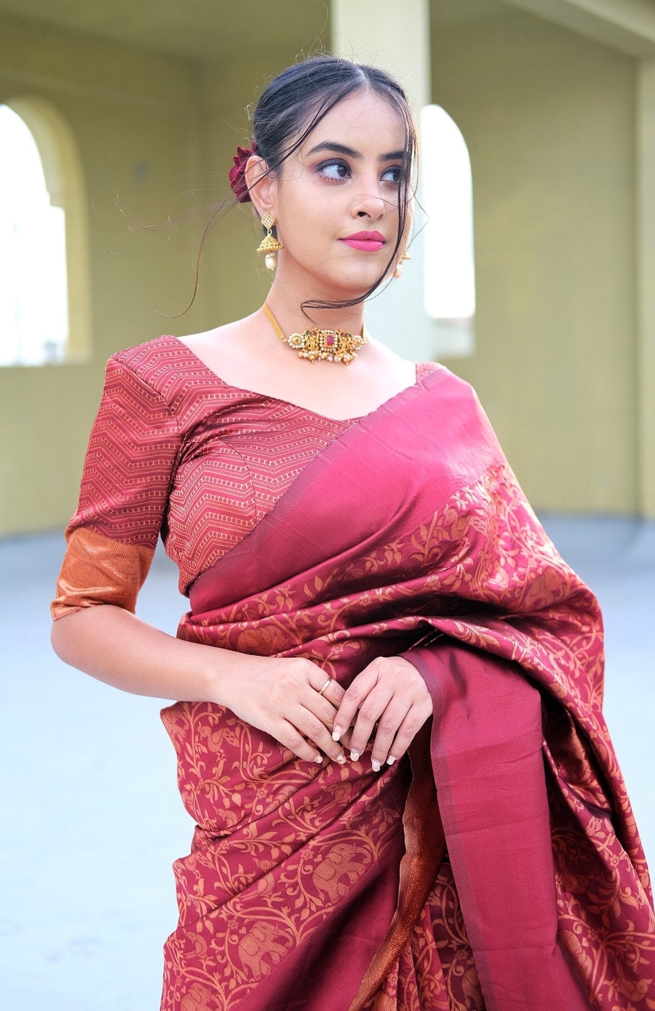 Staring Maroon Pure Kanjivaram Silk Saree With Tempting Blouse Piece - Almaari Fashion