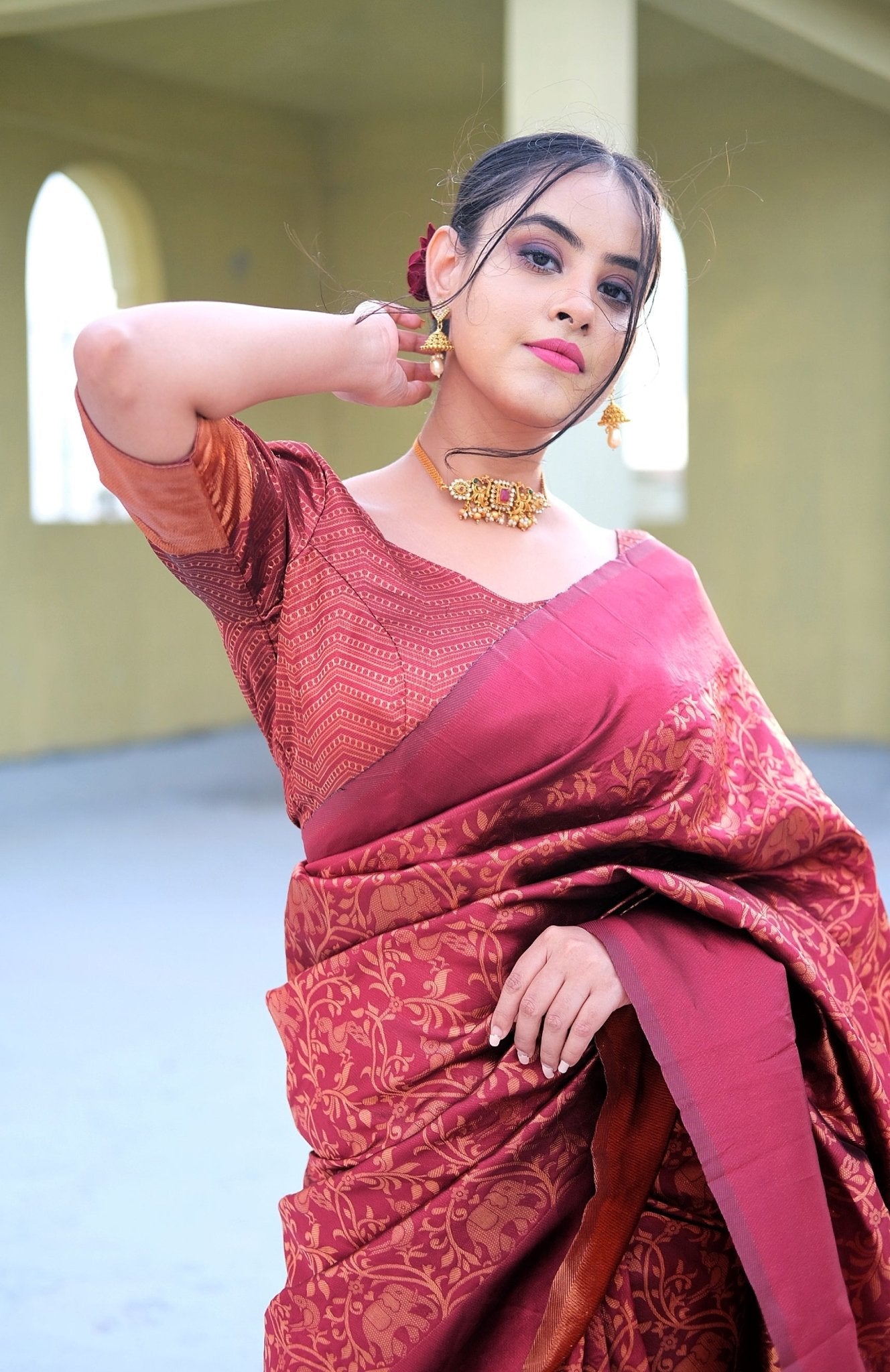 Staring Maroon Pure Kanjivaram Silk Saree With Tempting Blouse Piece - Almaari Fashion