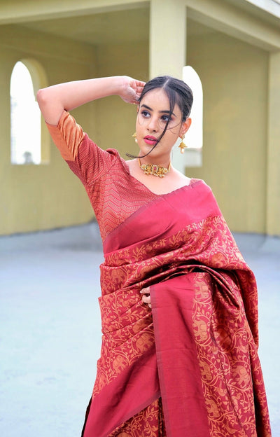 Staring Maroon Pure Kanjivaram Silk Saree With Tempting Blouse Piece - Almaari Fashion