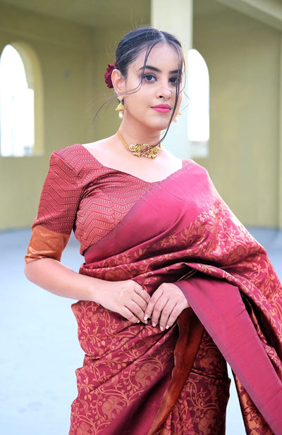 Staring Maroon Pure Kanjivaram Silk Saree With Tempting Blouse Piece - Almaari Fashion