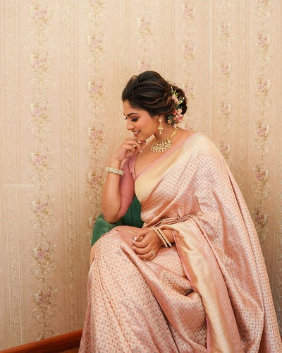 Symmetrical Baby Pink Pure Kanjivaram Silk With Engrossing Blouse Piece - Almaari Fashion