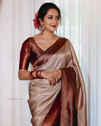 Symmetrical Grey Pure Kanjivaram Silk With Engrossing Blouse Piece - Almaari Fashion